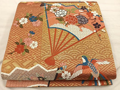 平和屋着物◎六通柄袋帯　唐織　扇面鳳凰草花文　金銀彩　正絹　逸品　BAAX1339mz