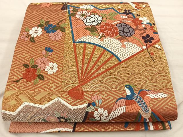 平和屋着物◎六通柄袋帯　唐織　扇面鳳凰草花文　金銀彩　正絹　逸品　BAAX1339mz