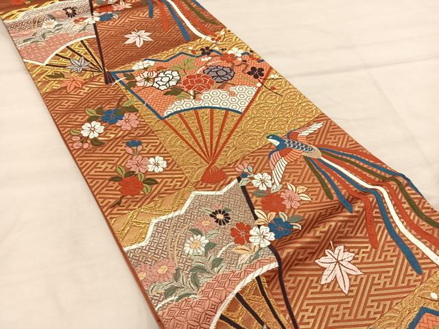 平和屋着物◎六通柄袋帯　唐織　扇面鳳凰草花文　金銀彩　正絹　逸品　BAAX1339mz