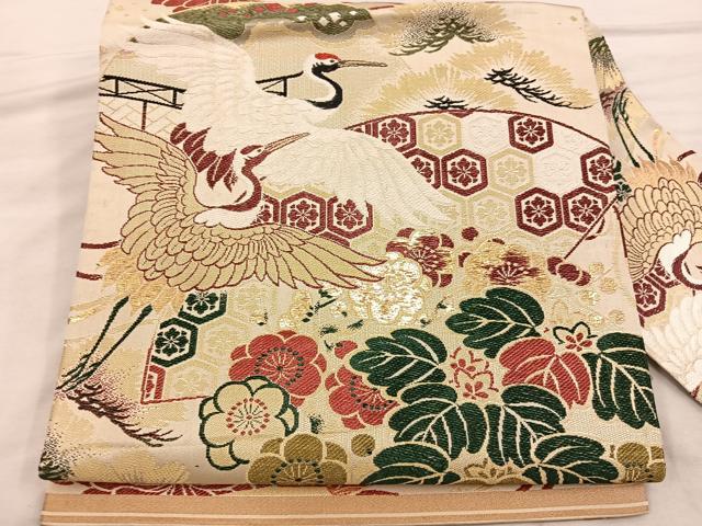 平和屋着物◎アンティーク　大正ロマン　九寸名古屋帯　飛鶴花文　金糸　正絹　逸品　BAAX1348mz