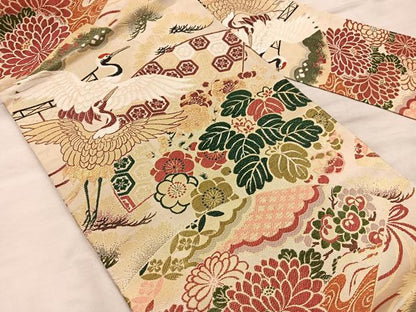 平和屋着物◎アンティーク　大正ロマン　九寸名古屋帯　飛鶴花文　金糸　正絹　逸品　BAAX1348mz