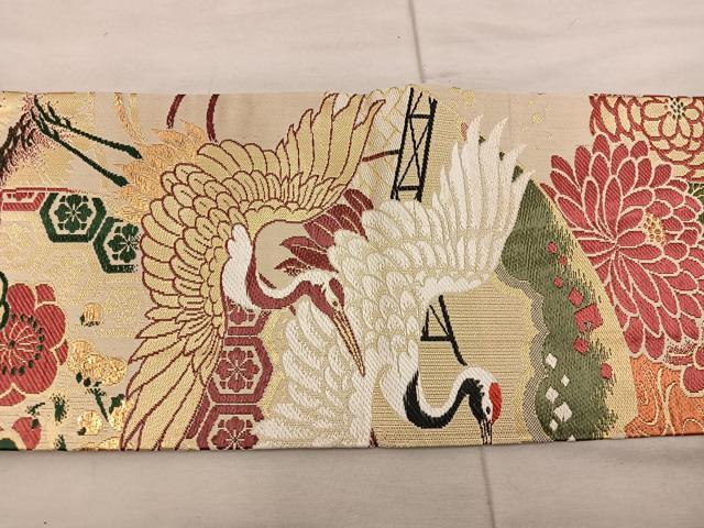 平和屋着物◎アンティーク　大正ロマン　九寸名古屋帯　飛鶴花文　金糸　正絹　逸品　BAAX1348mz
