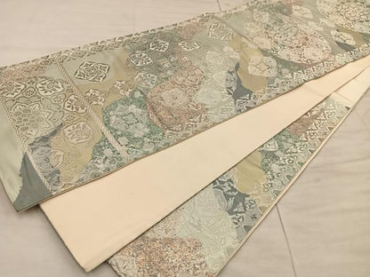 平和屋着物◎六通柄袋帯 宝相華 銀糸 正絹 逸品 BAAX1356mz