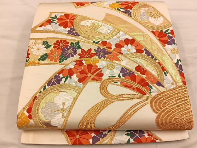 平和屋着物◎六通柄袋帯 唐織 束ね熨斗舞蝶花文 金銀糸 正絹 逸品 BAAX1362mz