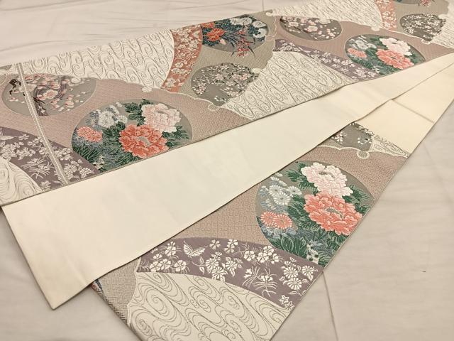 平和屋着物◎六通柄袋帯 唐織 流水花丸文 銀糸 正絹 逸品 BAAX1366mz