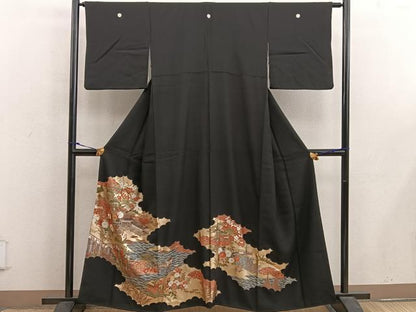 平和屋着物■豪華黒留袖　駒刺繍　風景花文　金彩　正絹　逸品　BAAX1397mz