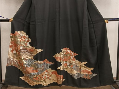平和屋着物■豪華黒留袖　駒刺繍　風景花文　金彩　正絹　逸品　BAAX1397mz