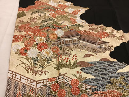 平和屋着物■豪華黒留袖　駒刺繍　風景花文　金彩　正絹　逸品　BAAX1397mz