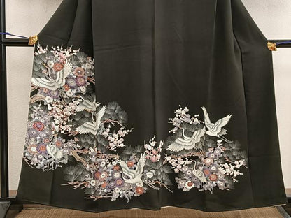 平和屋着物■豪華黒留袖　刺繍　飛鶴花文　正絹　逸品　BAAX1414mz