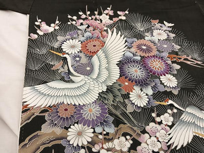 平和屋着物■豪華黒留袖　刺繍　飛鶴花文　正絹　逸品　BAAX1414mz