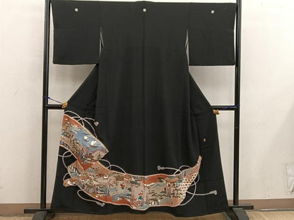 平和屋着物■豪華黒留袖　作家物　駒刺繍　人物風景絵巻文　金彩　正絹　逸品　BAAX1424mz