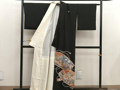 平和屋着物■豪華黒留袖　作家物　駒刺繍　人物風景絵巻文　金彩　正絹　逸品　BAAX1424mz