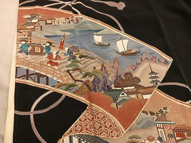 平和屋着物□豪華黒留袖 作家物 駒刺繍 人物風景絵巻文 金彩