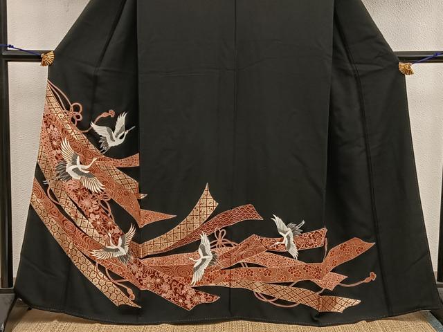 平和屋着物□豪華黒留袖 駒刺繍 飛鶴花文 金彩 正絹 逸品