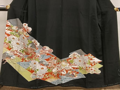 平和屋着物■豪華黒留袖　刺繍　飛鶴花文　正絹　逸品　BAAX1444mz