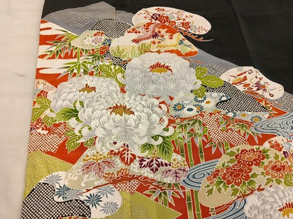 平和屋着物■豪華黒留袖　刺繍　飛鶴花文　正絹　逸品　BAAX1444mz