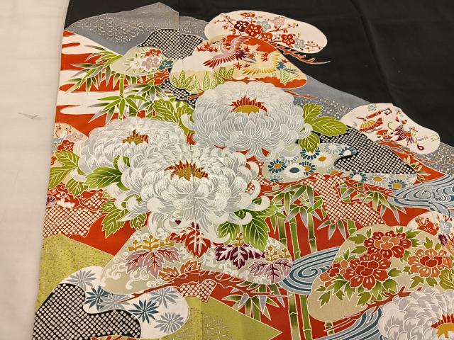 平和屋着物■豪華黒留袖　刺繍　飛鶴花文　正絹　逸品　BAAX1444mz