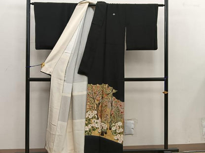 平和屋着物■豪華黒留袖 駒刺繍 菊花文 金彩 正絹 逸品 BAAX1452mz