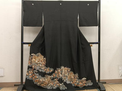平和屋着物■豪華黒留袖 駒刺繍 御所車花鳥文 金彩 正絹 逸品 BAAX1455mz