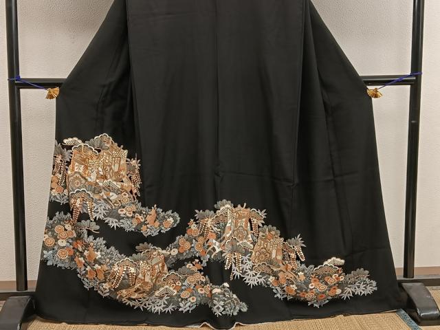 平和屋着物■豪華黒留袖 駒刺繍 御所車花鳥文 金彩 正絹 逸品 BAAX1455mz