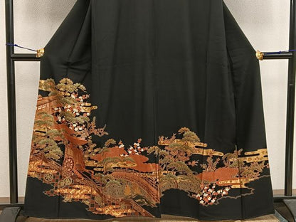 平和屋着物■豪華黒留袖　御所車風景花文　金彩　正絹　逸品　BAAX1468mz