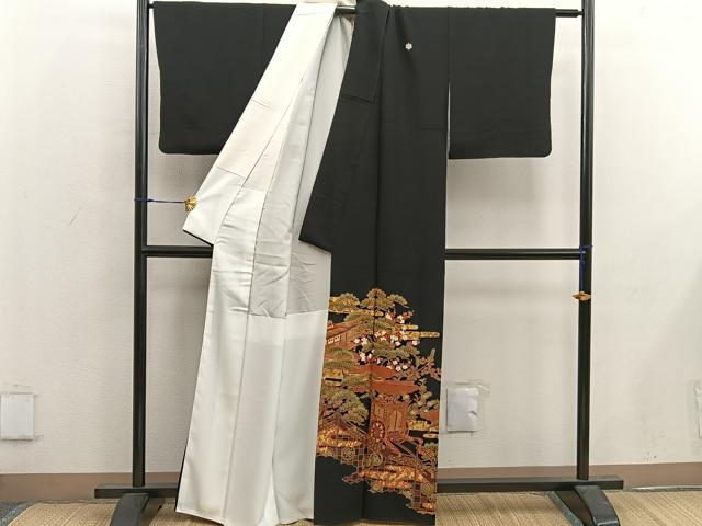 平和屋着物■豪華黒留袖　御所車風景花文　金彩　正絹　逸品　BAAX1468mz