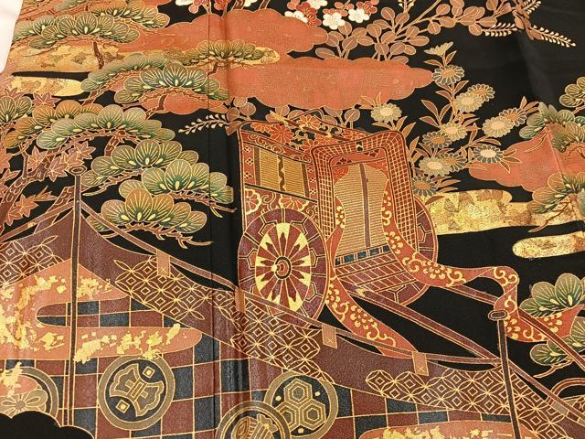 平和屋着物■豪華黒留袖　御所車風景花文　金彩　正絹　逸品　BAAX1468mz