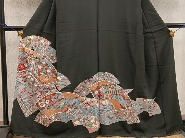 平和屋着物■豪華黒留袖　地紙重ね御所車花文　金彩　正絹　逸品　BAAX1479mz