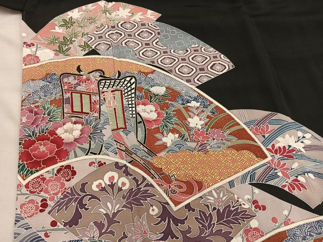 平和屋着物■豪華黒留袖　地紙重ね御所車花文　金彩　正絹　逸品　BAAX1479mz