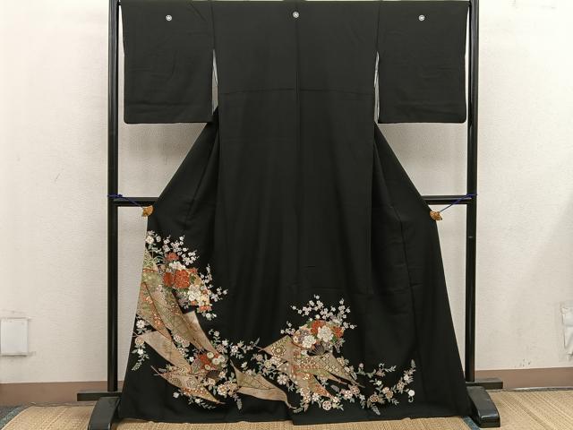 平和屋着物■豪華黒留袖　扇面牡丹花文　金彩　正絹　逸品　BAAX1482mz