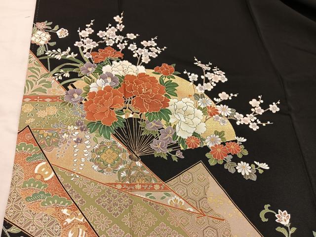 平和屋着物■豪華黒留袖　扇面牡丹花文　金彩　正絹　逸品　BAAX1482mz