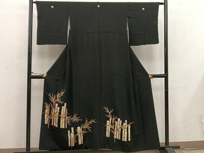 平和屋着物■豪華黒留袖　刺繍　笹の葉文　金彩　正絹　逸品　BAAX1484mz