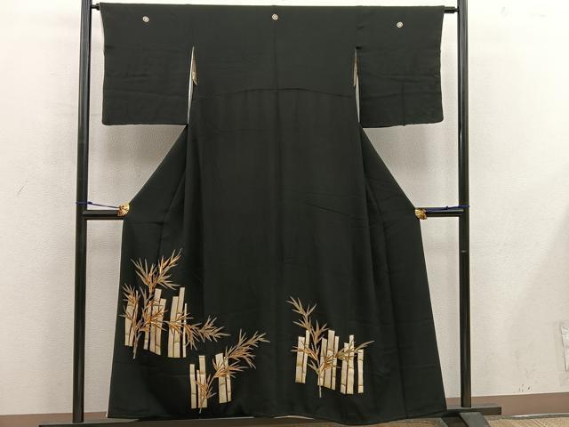 平和屋着物■豪華黒留袖　刺繍　笹の葉文　金彩　正絹　逸品　BAAX1484mz