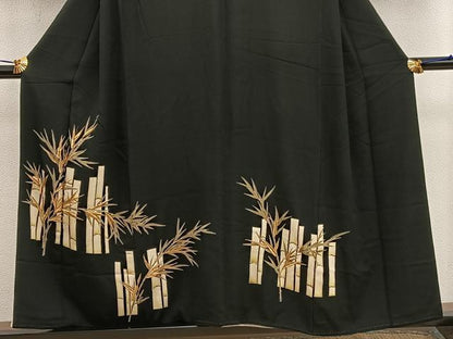 平和屋着物■豪華黒留袖　刺繍　笹の葉文　金彩　正絹　逸品　BAAX1484mz