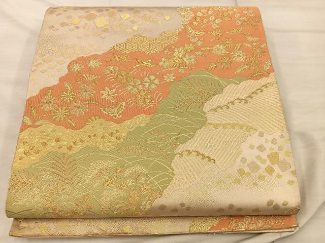 平和屋着物◎西陣の名門　本家加納　六通柄袋帯　舞蝶花鳥文　金糸　正絹　逸品　BAAX1531mz