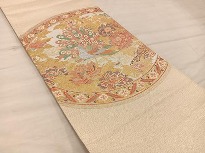 平和屋着物◎太鼓柄袋帯　牡丹園孔雀文　金糸　正絹　逸品　BAAX1532mz