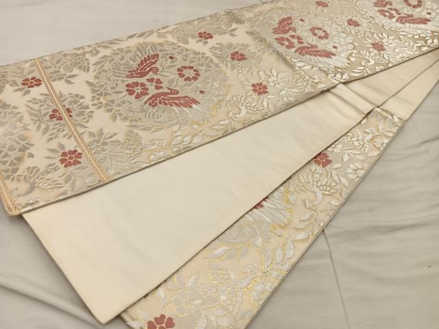 平和屋着物◎西陣　服部織物謹製　六通柄袋帯　松風　向かい鳥花丸文　金銀糸　正絹　逸品　BAAX1533mz