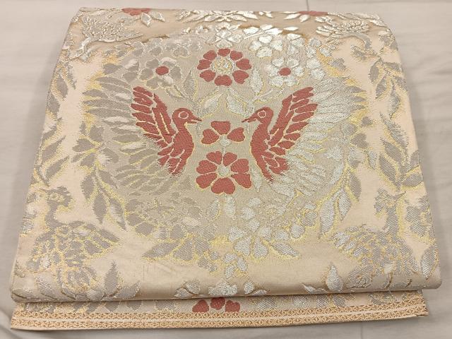 平和屋着物◎西陣　服部織物謹製　六通柄袋帯　松風　向かい鳥花丸文　金銀糸　正絹　逸品　BAAX1533mz