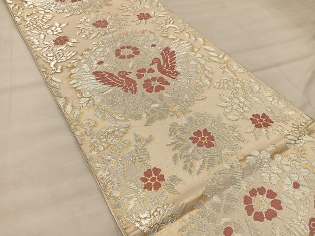 平和屋着物◎西陣　服部織物謹製　六通柄袋帯　松風　向かい鳥花丸文　金銀糸　正絹　逸品　BAAX1533mz