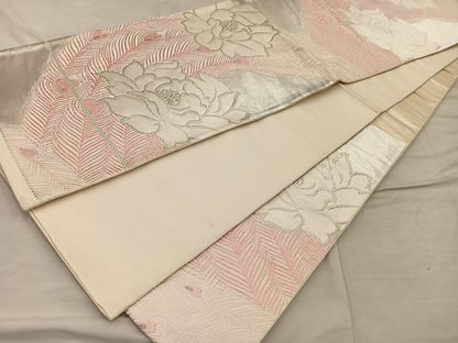 平和屋着物◎六通柄袋帯　唐織　孔雀羽花文　銀糸　正絹　逸品　BAAX1539mz