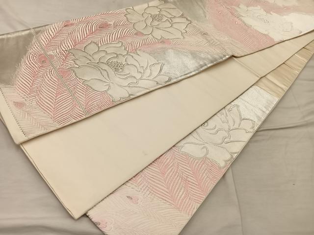 平和屋着物◎六通柄袋帯　唐織　孔雀羽花文　銀糸　正絹　逸品　BAAX1539mz