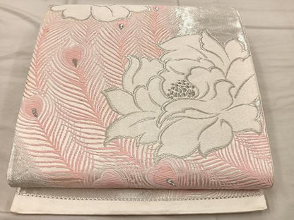 平和屋着物◎六通柄袋帯　唐織　孔雀羽花文　銀糸　正絹　逸品　BAAX1539mz