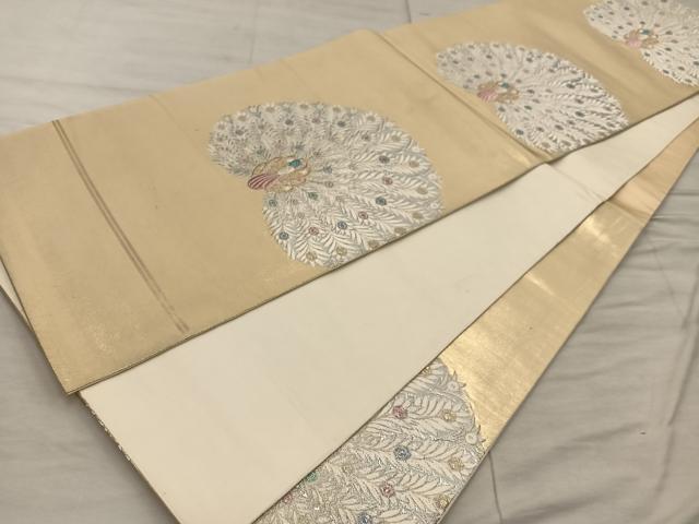 平和屋着物◎六通柄袋帯　孔雀　金銀糸　引箔　正絹　逸品　BAAX1548mz