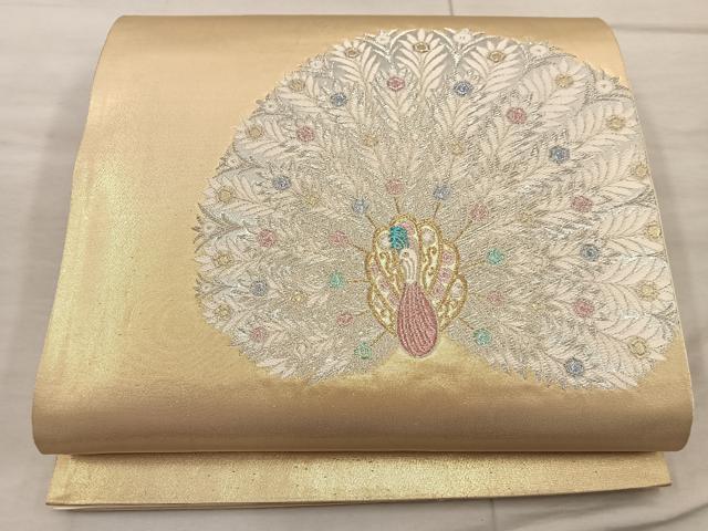 平和屋着物◎六通柄袋帯　孔雀　金銀糸　引箔　正絹　逸品　BAAX1548mz