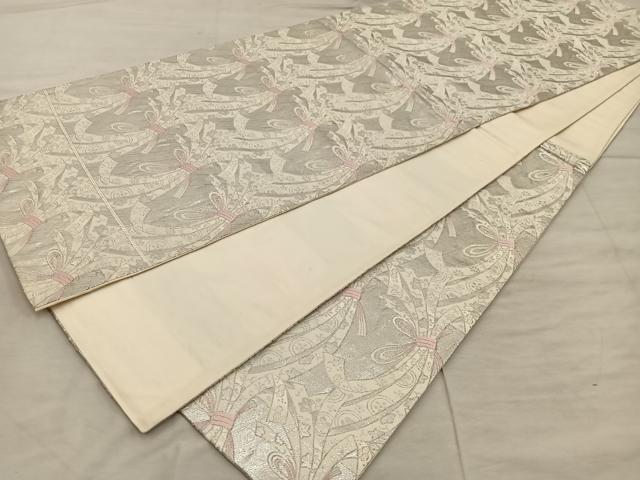 平和屋着物◎六通柄袋帯　箔眉　束ね熨斗花文　銀糸　正絹　逸品　BAAX1552mz