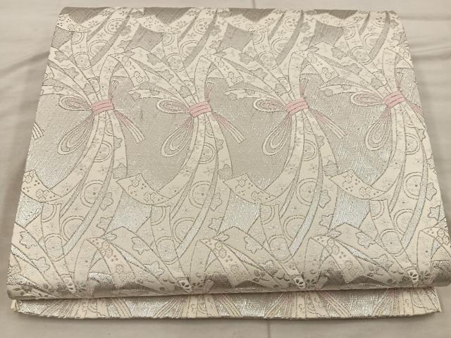 平和屋着物◎六通柄袋帯　箔眉　束ね熨斗花文　銀糸　正絹　逸品　BAAX1552mz