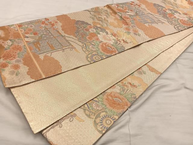 平和屋着物◎佐賀錦　六通柄袋帯　雲重ね花車文　金糸　正絹　逸品　BAAX1554mz