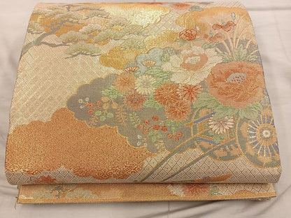 平和屋着物◎佐賀錦　六通柄袋帯　雲重ね花車文　金糸　正絹　逸品　BAAX1554mz