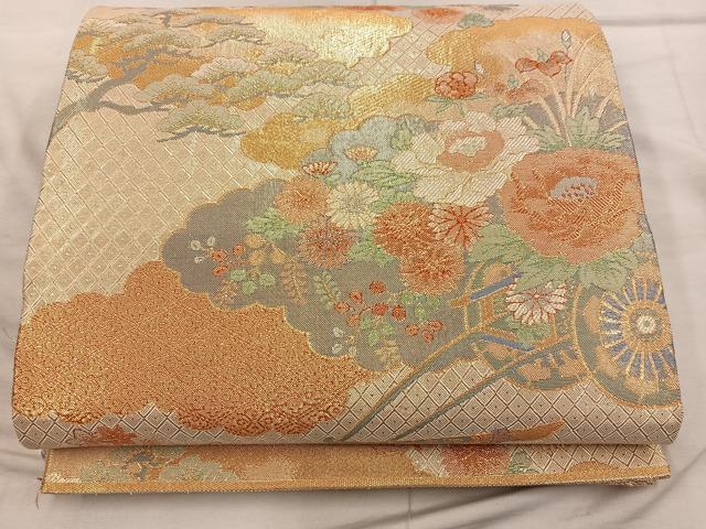 平和屋着物◎佐賀錦　六通柄袋帯　雲重ね花車文　金糸　正絹　逸品　BAAX1554mz