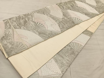 平和屋着物◎六通柄袋帯　九百錦　扇面風景文　ホワイトゴールド箔　正絹　逸品　BAAX1556mz